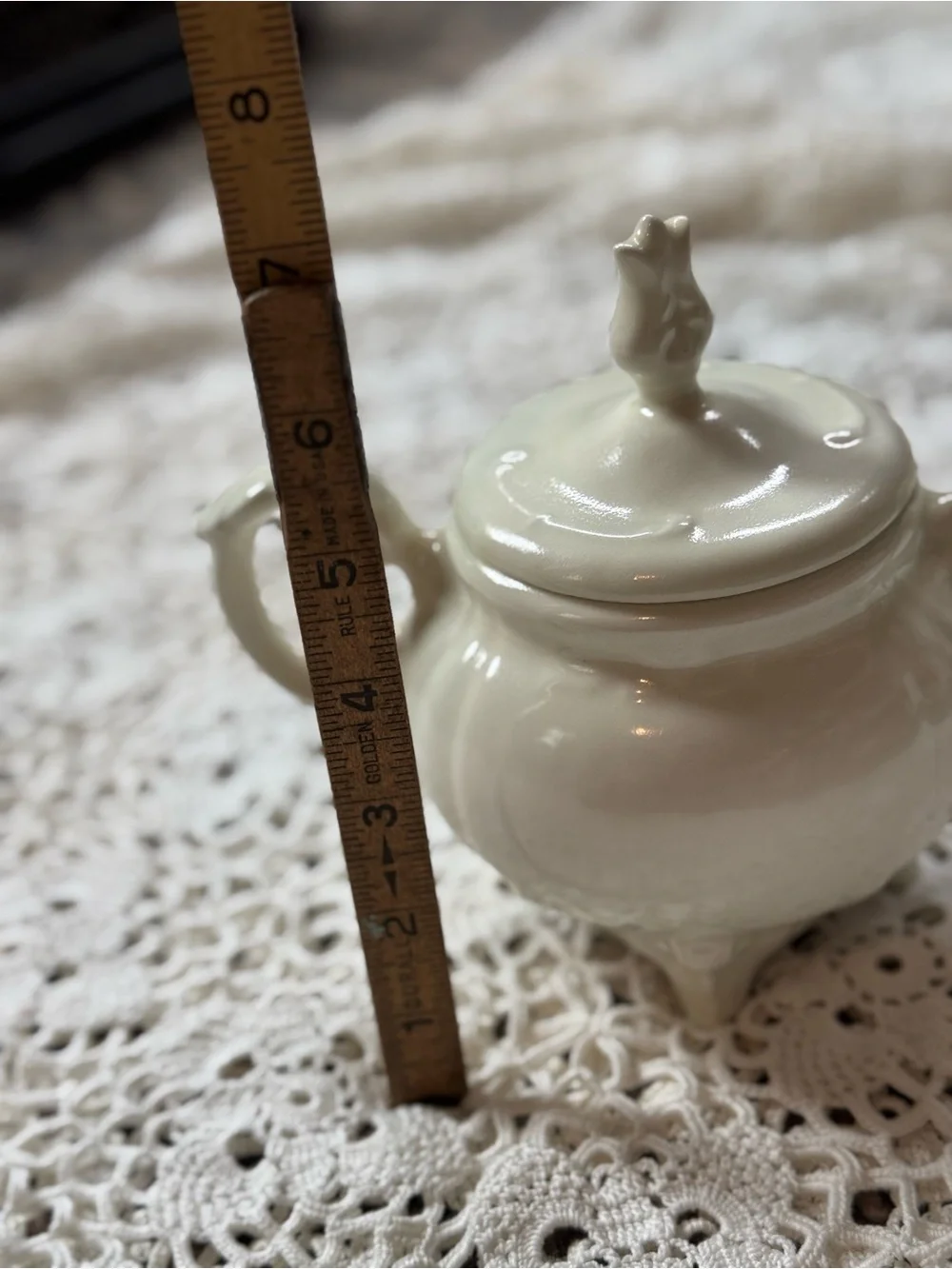 Vintage Cream Porcelain Sugar Bowl with Lid and Handles